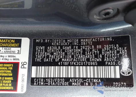 2012 Toyota Camry Le z USA, uszkodzony, nr VIN 4T1BF1FK3CU170965